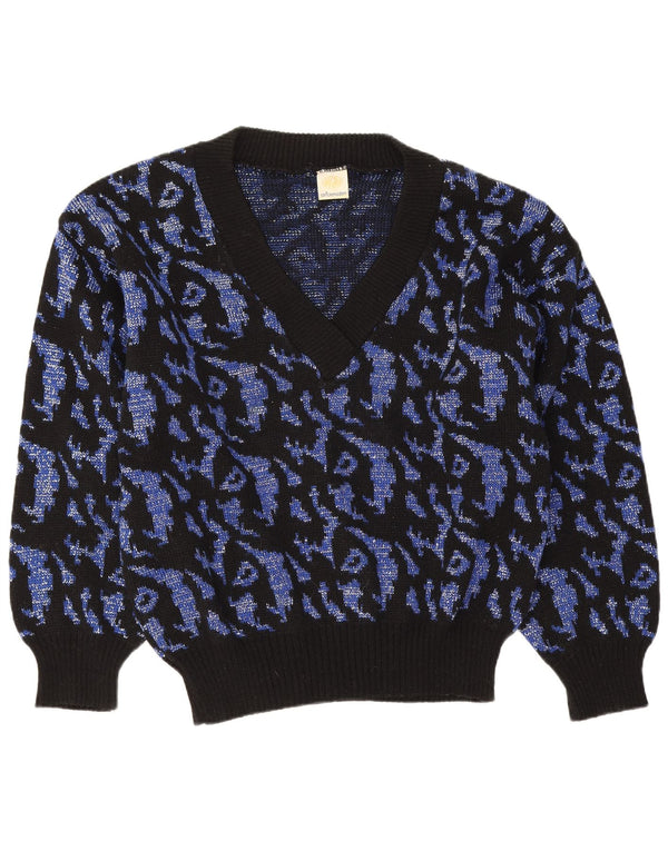 Suéter feminino vintage com estampa abstrata e decote em V Reino Unido 16 grande azul marinho