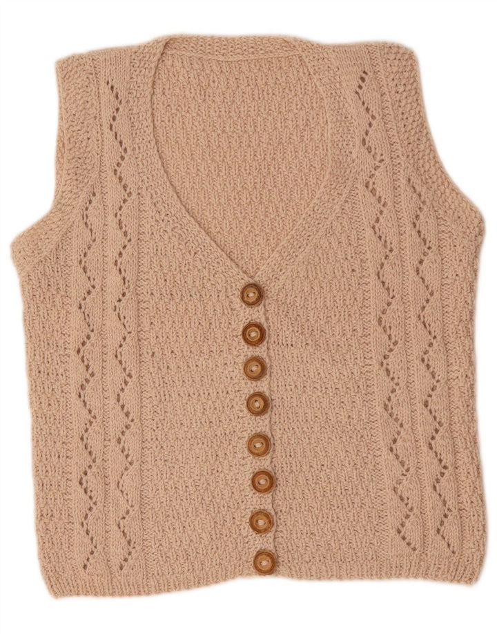 Suéter cardigã feminino sem mangas VINTAGE Reino Unido 14 médio bege