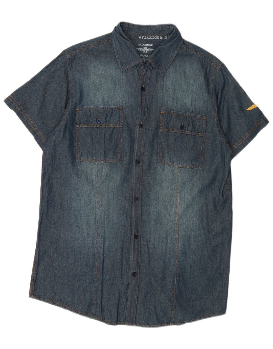 Camisa jeans masculina de manga curta Aviazione Navale algodão azul médio