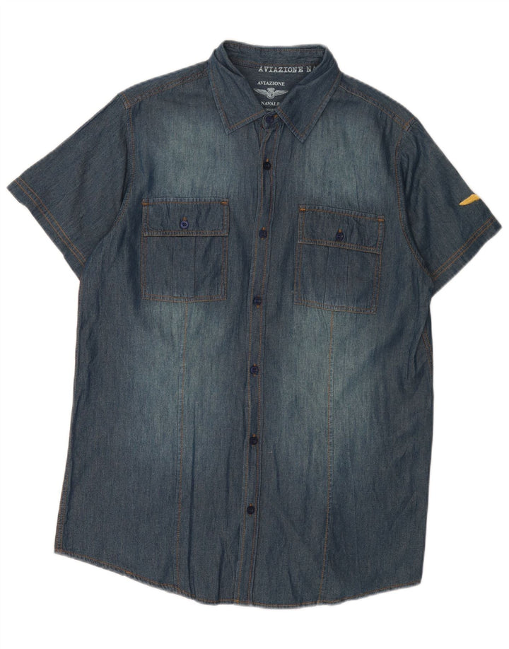 Camisa jeans masculina de manga curta Aviazione Navale algodão azul médio