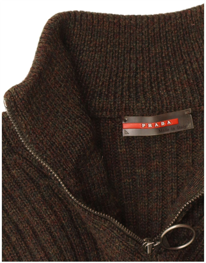 Suéter feminino PRADA com zíper e gola IT 48 XL lã virgem marrom