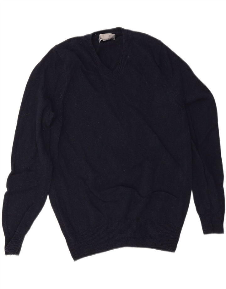 Suéter masculino Marks & Spencer com decote em V pequeno de lã azul marinho