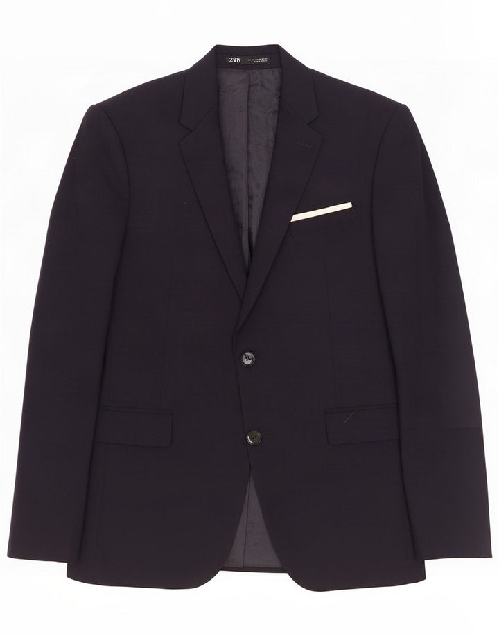 Zara Jaqueta Blazer Masculina de 2 Botões UE 46 Pequeno Poliéster Azul Marinho