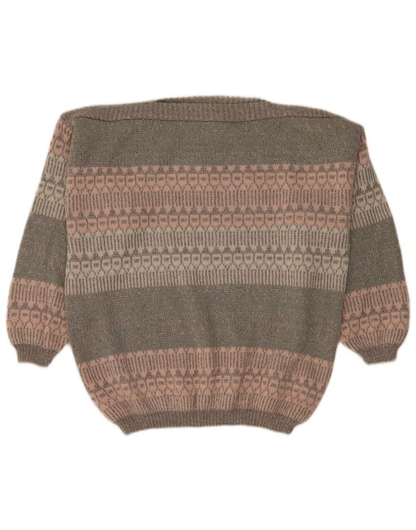 Suéter feminino vintage com gola canoa Reino Unido 18 XL lã listrada cáqui