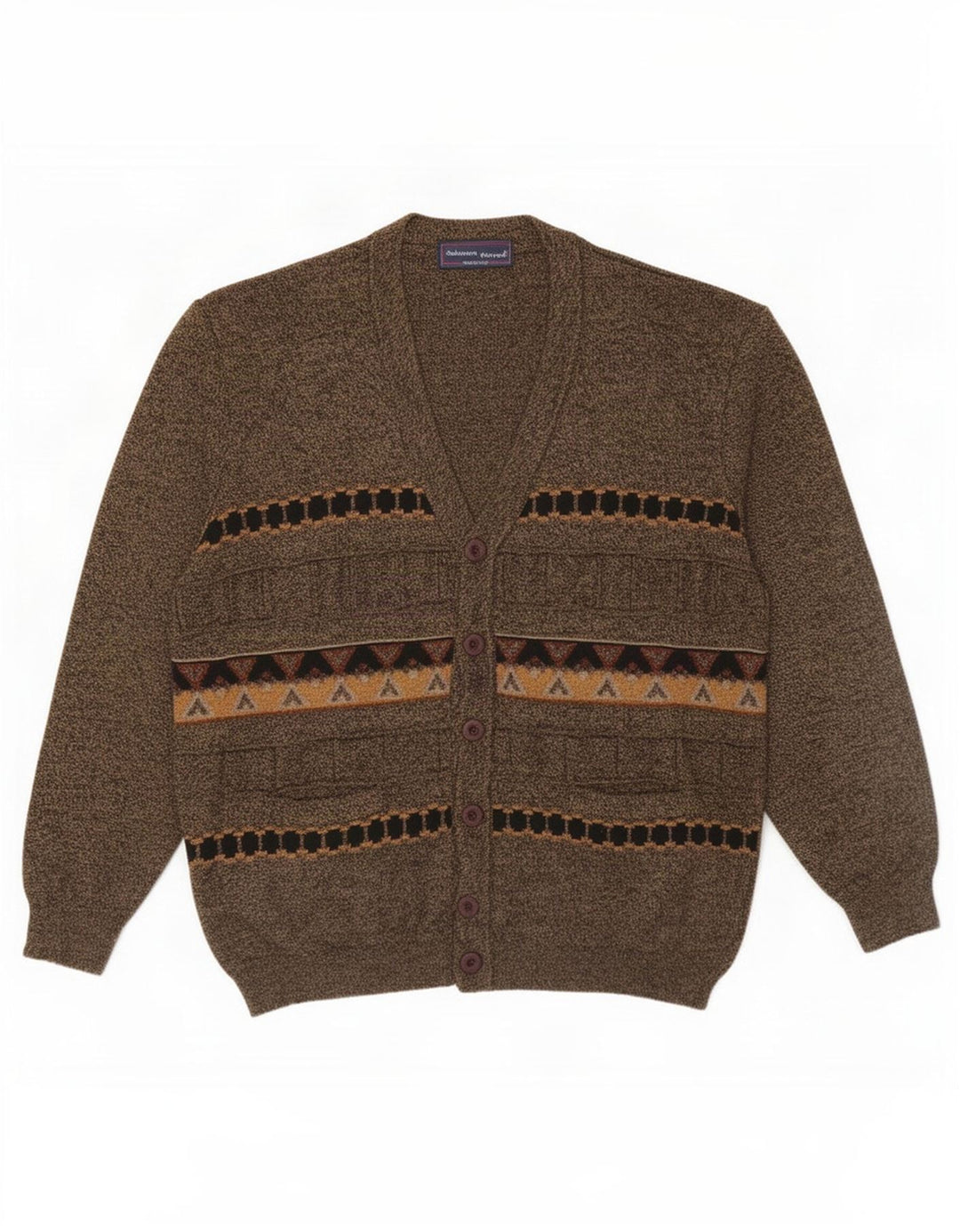 Suéter cardigã masculino vintage grande lã geométrica marrom