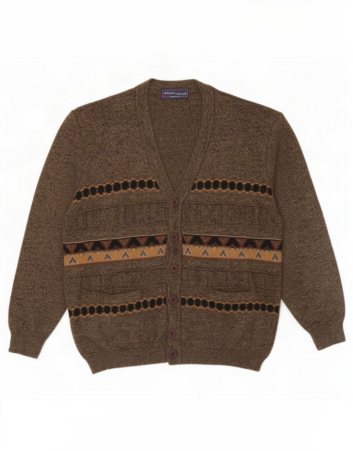 Suéter cardigã masculino vintage grande lã geométrica marrom
