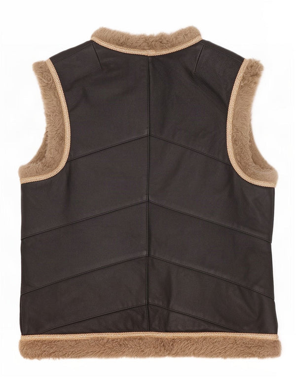Colete de couro Sherpa aberto feminino vintage UK 10 pequeno preto