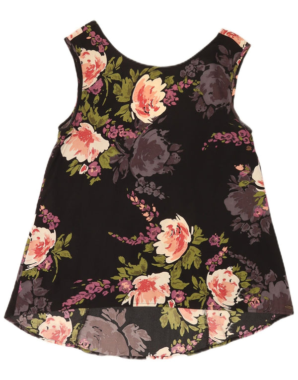 Blusa feminina vintage sem mangas, top UK 10 pequeno floral preto