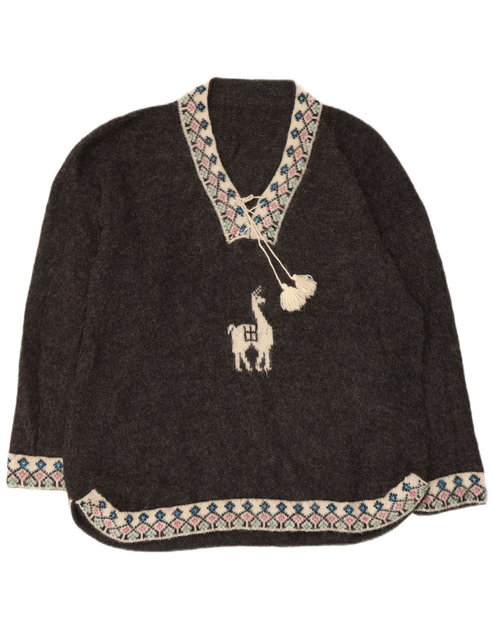 Suéter feminino VINTAGE com decote em V grande UK 18 XL cinza Fair Isle