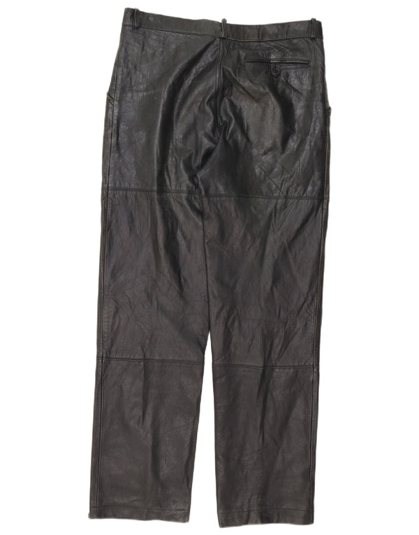Calças de couro retas masculinas vintage IT 50 grandes W34 L32 listradas pretas