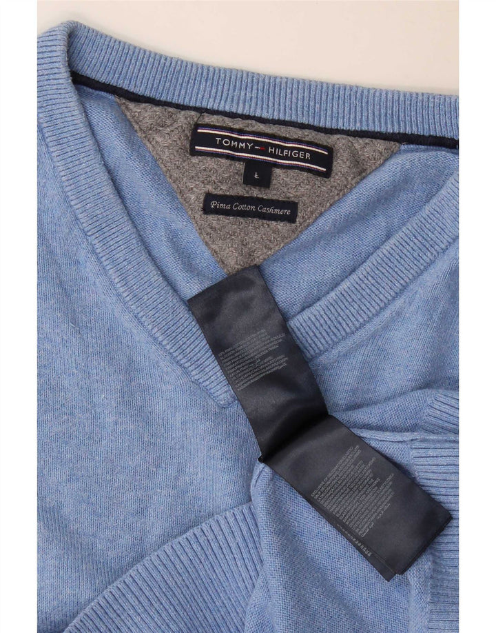 Suéter masculino Tommy Hilfiger com decote em V grande algodão azul