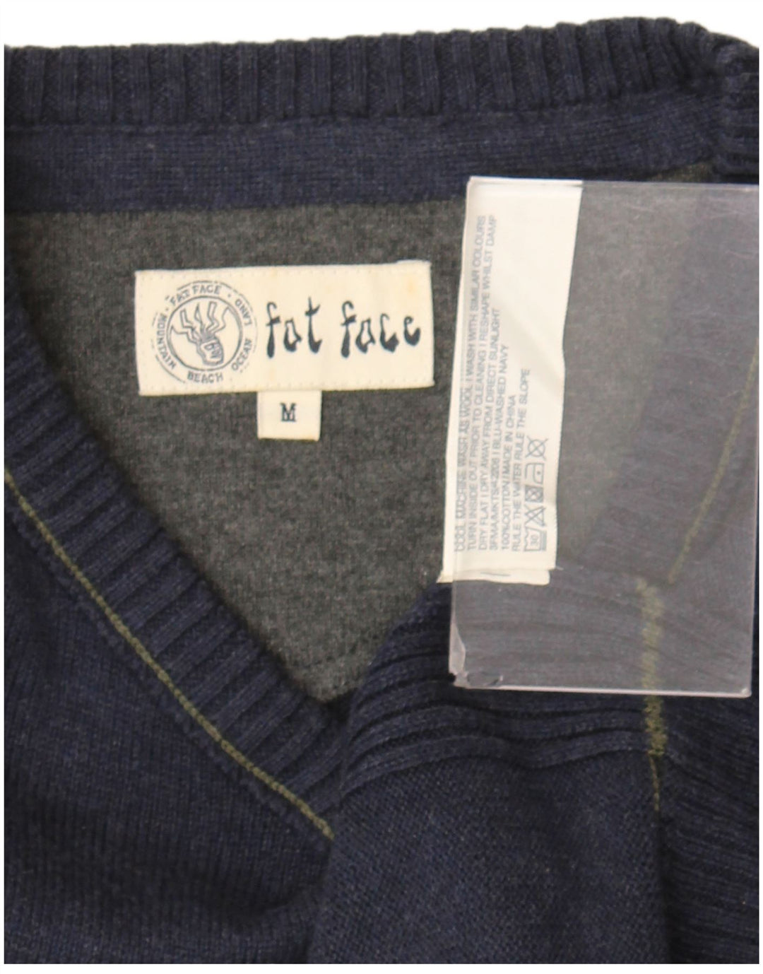 Suéter masculino Fat Face com decote em V, algodão azul marinho médio