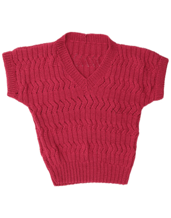 Suéter feminino vintage de manga curta com decote em V Reino Unido 14 grande rosa