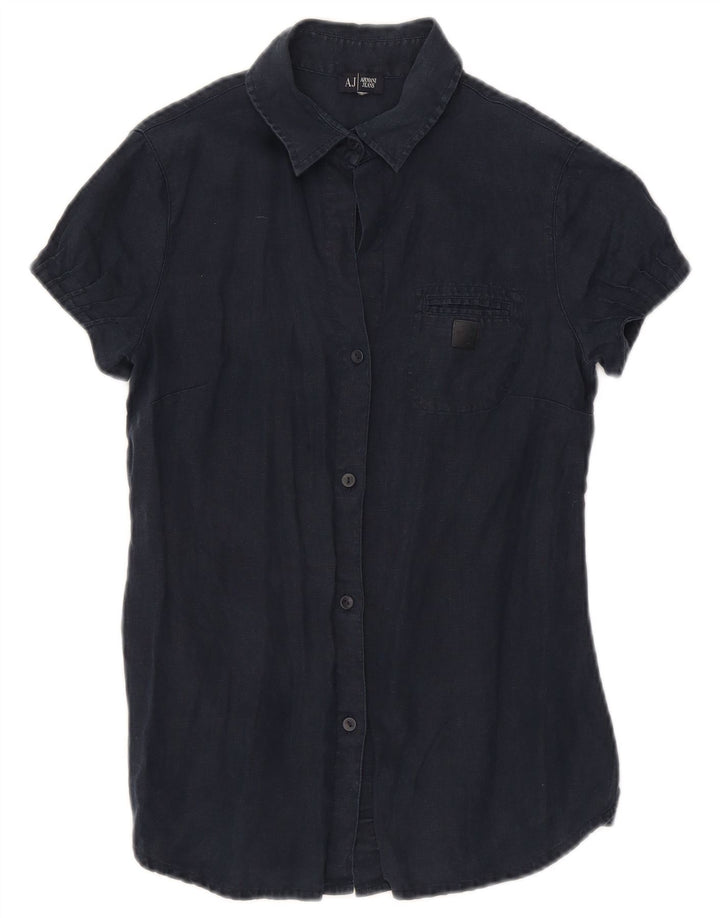Camisa feminina de manga curta Armani UK 10 pequena azul marinho