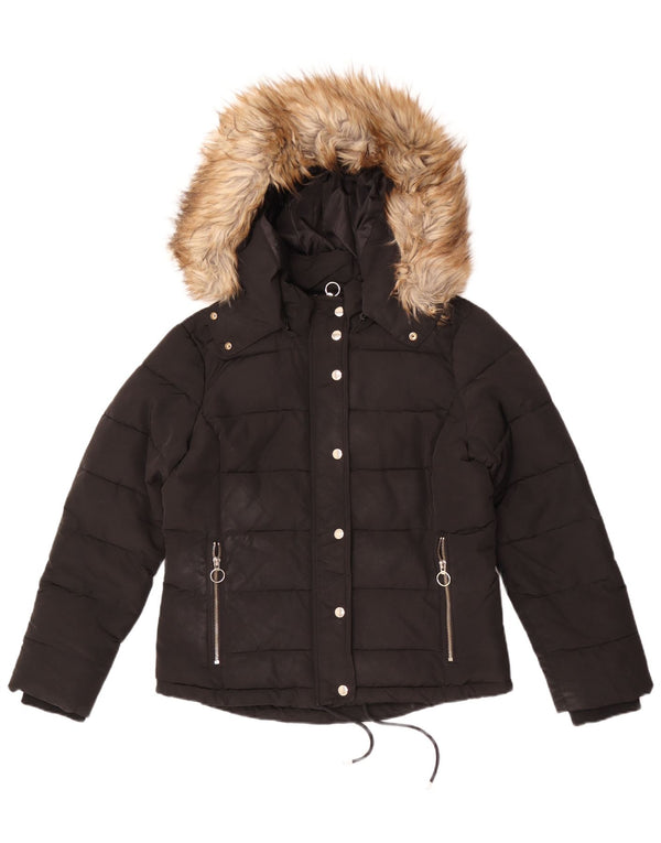Jaqueta acolchoada com capuz feminina Topshop UK 12 poliéster preto médio