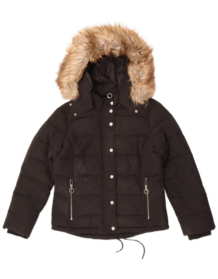 Jaqueta acolchoada com capuz feminina Topshop UK 12 poliéster preto médio