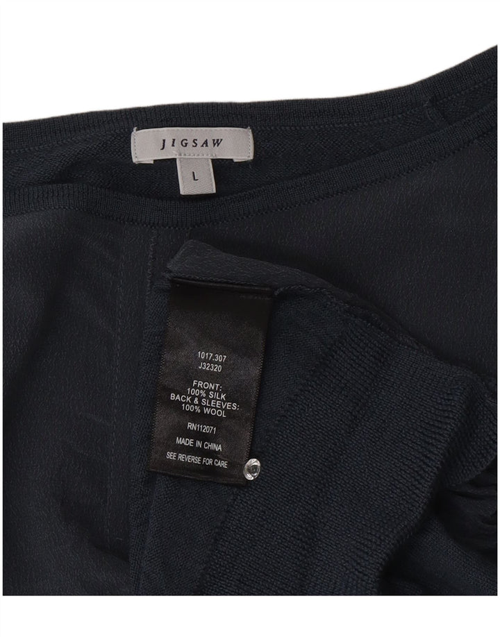 Jigsaw blusa feminina com amarração frontal e manga comprida Reino Unido 16 grande seda azul marinho