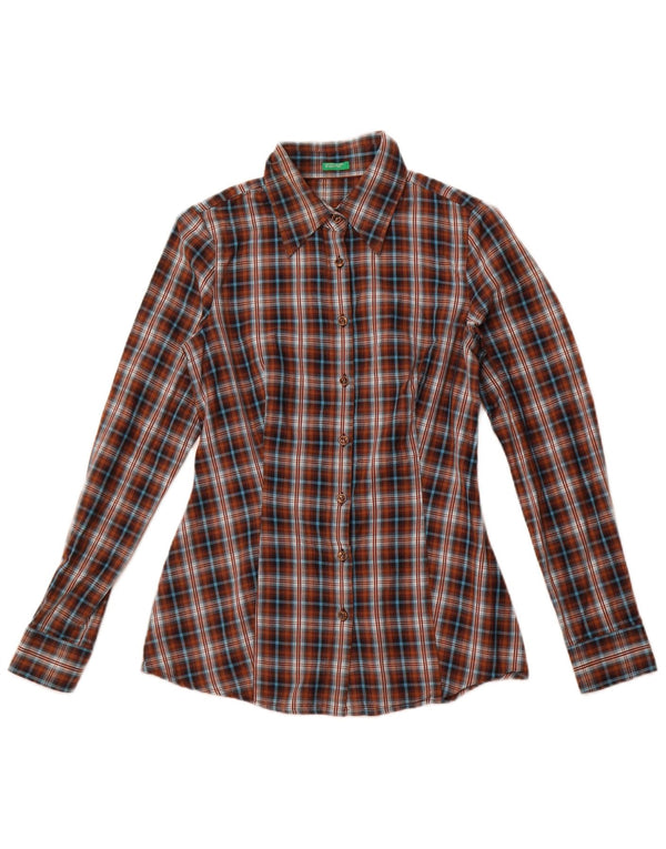 BENETTON Womens Shirt UK 10 Small Brown Check Cotton
