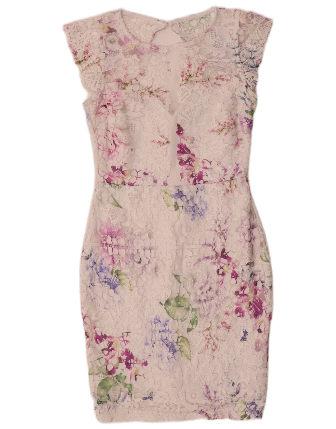Vestido feminino Lipsy com bainha de renda UK 12 poliéster floral branco médio