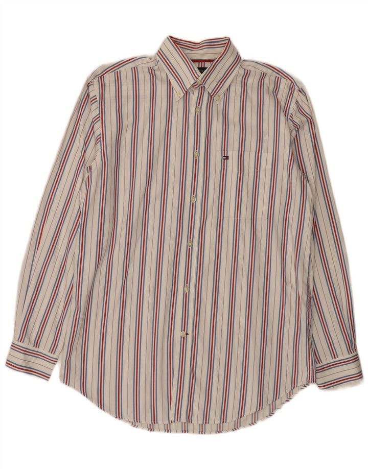 Camisa masculina Tommy Hilfiger pequena listrada branca de algodão