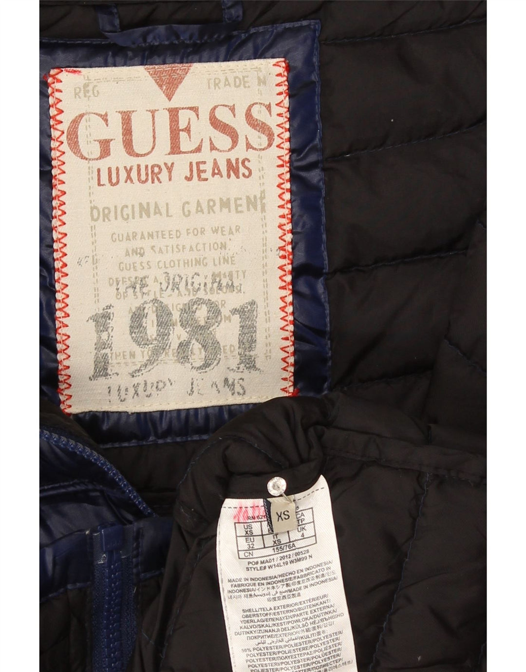 Casaco acolchoado com capuz feminino Guess UK 6 XS azul marinho poliéster