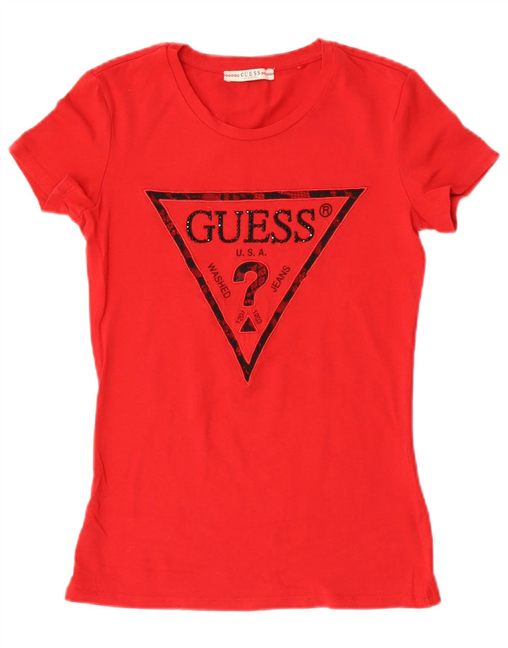 Camiseta feminina Guess com estampa gráfica UK 8 pequena vermelha