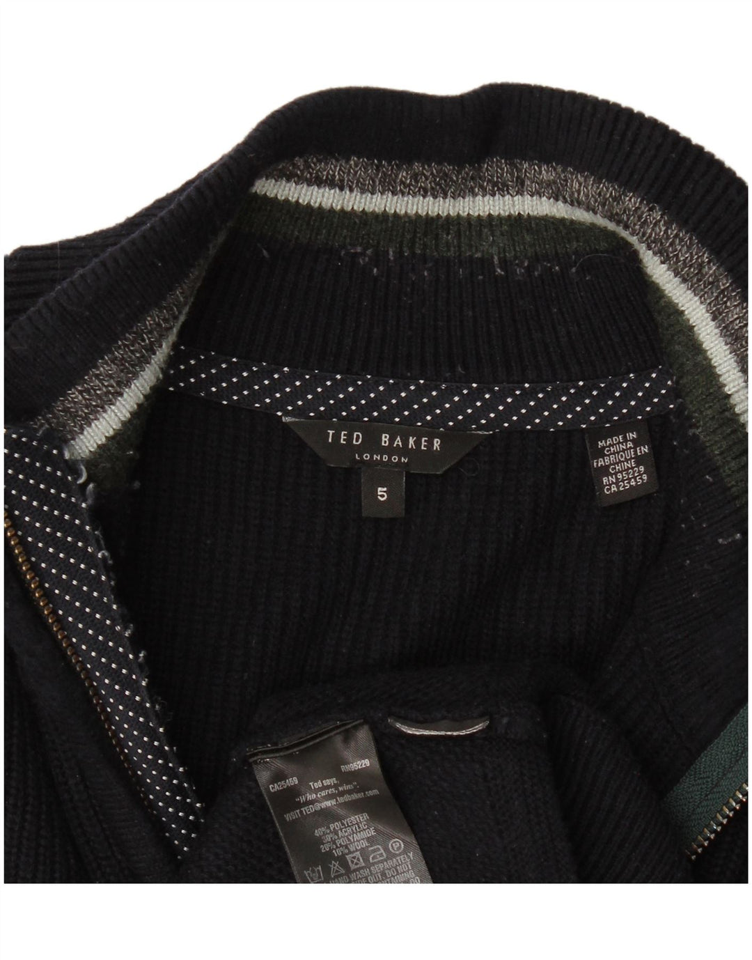 Suéter masculino Ted Baker com zíper e pescoço tamanho 5 XL azul marinho poliéster