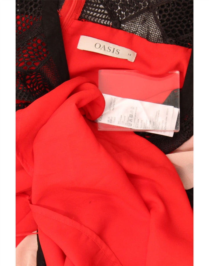 Vestido feminino Oasis sem mangas evasê UK 14 grande bloco colorido vermelho poliéster