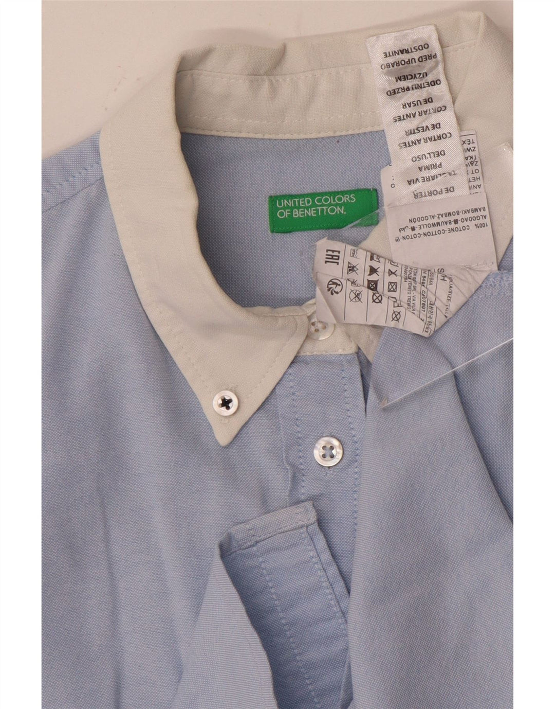 Camisa feminina Benetton UK 10 pequena azul colorblock algodão