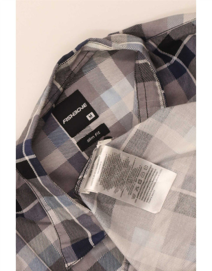 Camisa masculina de flanela Fishbone Slim Fit algodão xadrez azul médio