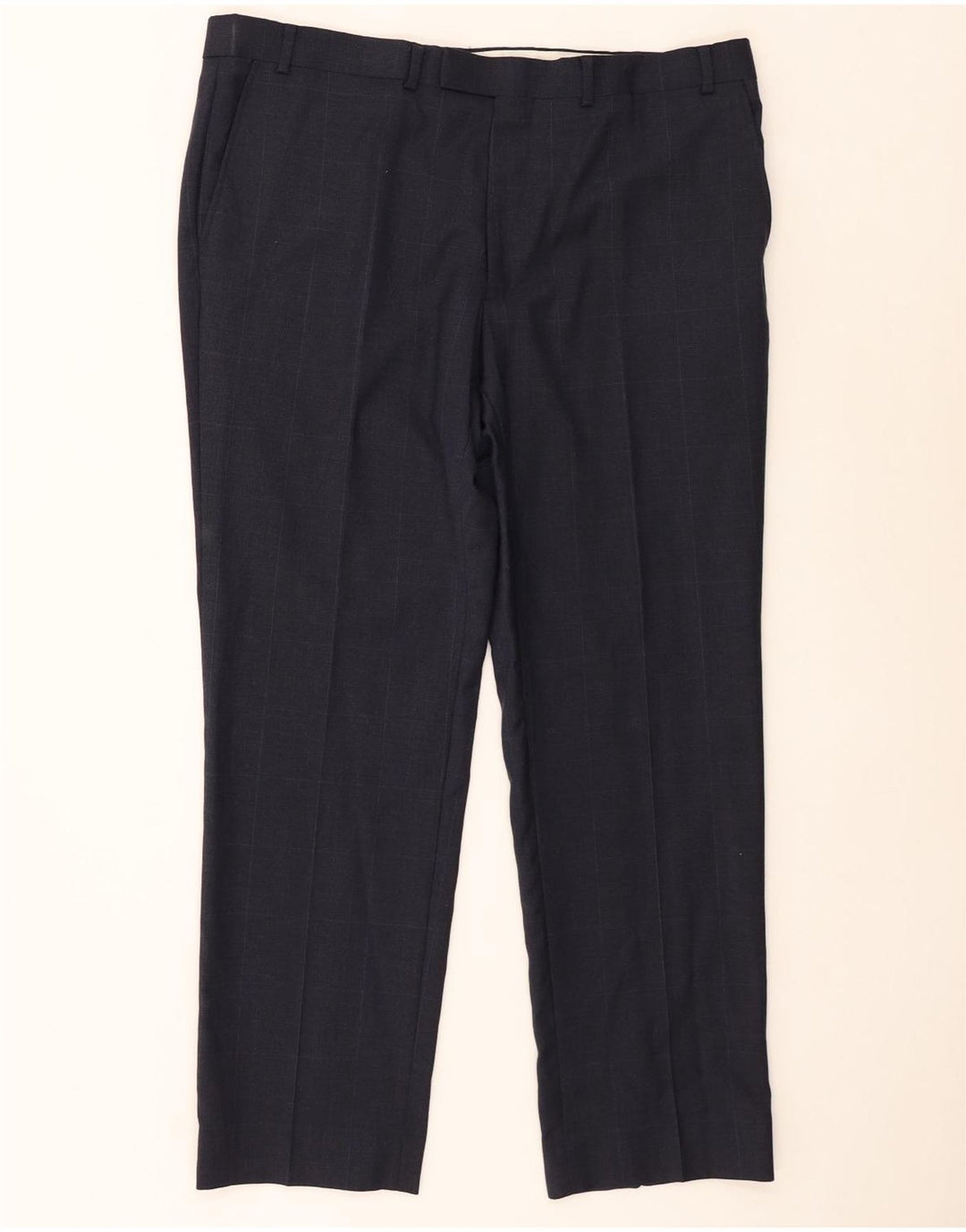 Calça masculina de terno reto Marks & Spencer W38 L29 azul marinho xadrez lã