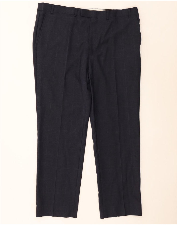 Calça masculina de terno reto Marks & Spencer W38 L29 azul marinho xadrez lã