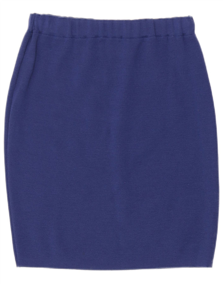 Saia lápis de malha feminina vintage grande W32 lã virgem azul