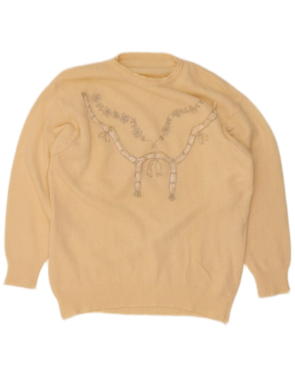 Suéter feminino vintage com gola redonda e gola redonda Reino Unido 16 grande lã amarela