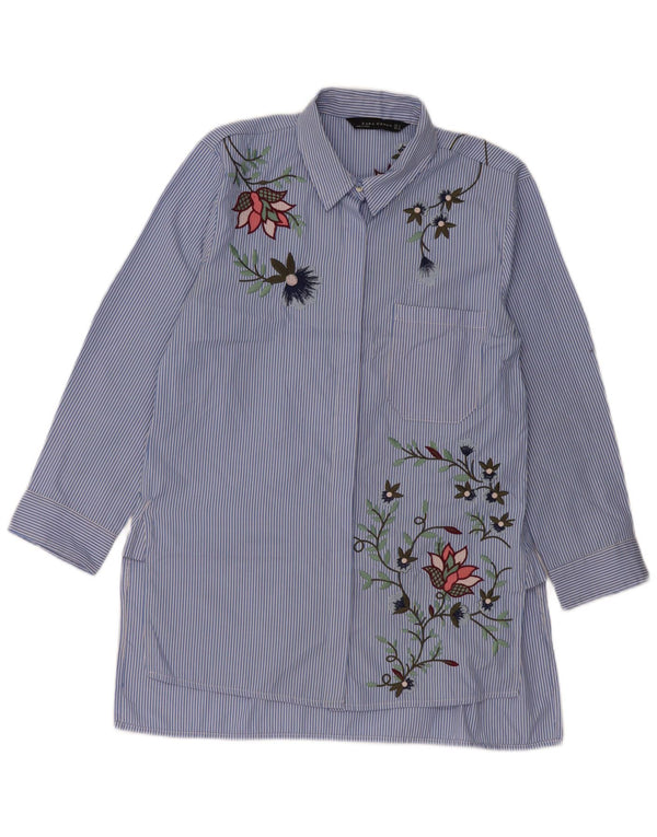 Zara Camisa feminina manga 3/4 Reino Unido 12 risca de giz azul médio