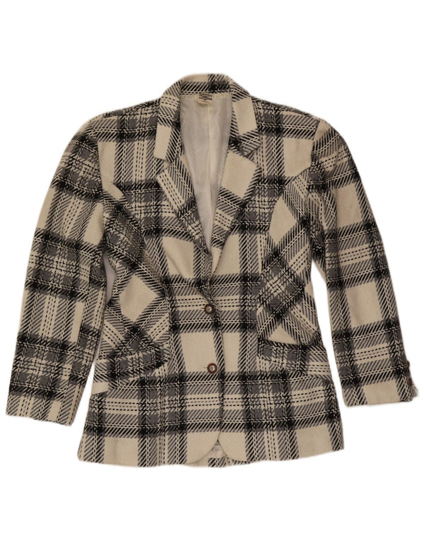 Jaqueta blazer feminina vintage com 2 botões Reino Unido 12 lã xadrez branca média