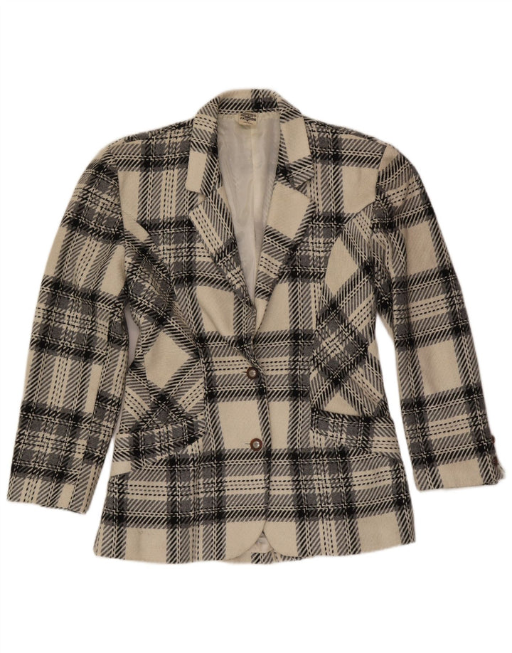 Jaqueta blazer feminina vintage com 2 botões Reino Unido 12 lã xadrez branca média