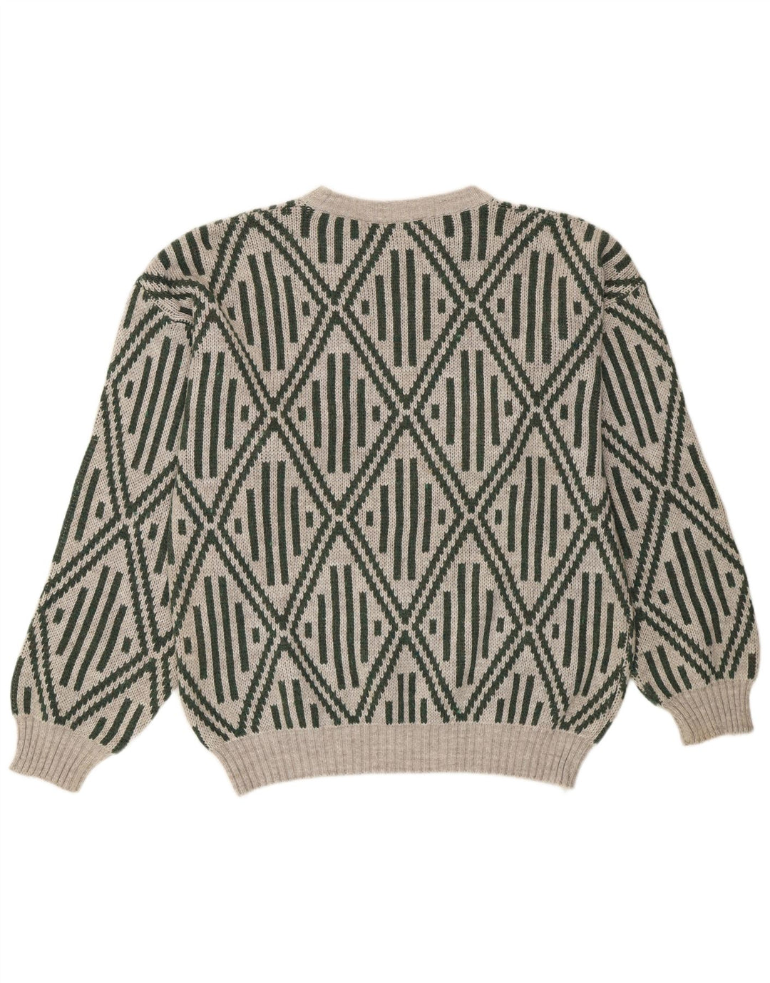 Suéter vintage masculino com gola redonda e acrílico geométrico cinza médio