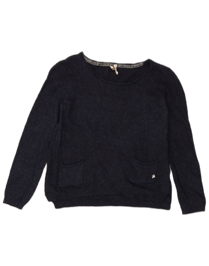 Suéter feminino branco com gola canoa e gola redonda, Reino Unido 12, azul marinho médio