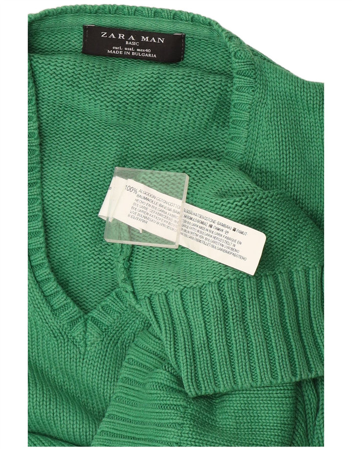 Suéter masculino Zara com decote em V grande algodão verde