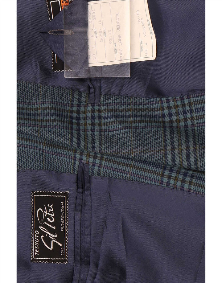 Jaqueta blazer masculina vintage com 2 botões IT 50 grande lã xadrez azul