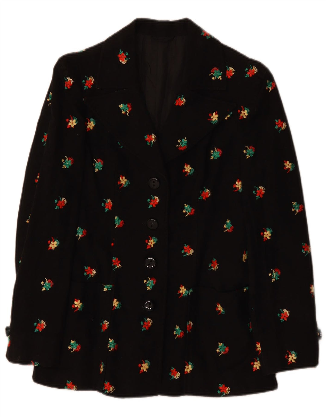 Jaqueta blazer feminina VINTAGE com 4 botões UK 10 pequena floral preta