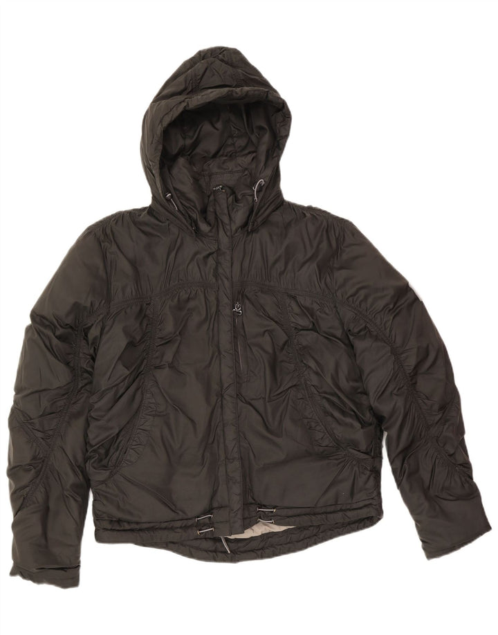 Jaqueta acolchoada com capuz feminina vintage UK 16 grande poliéster preto
