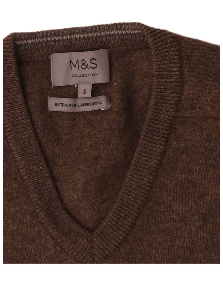 Suéter masculino Marks & Spencer com decote em V, lã de carneiro marrom pequena