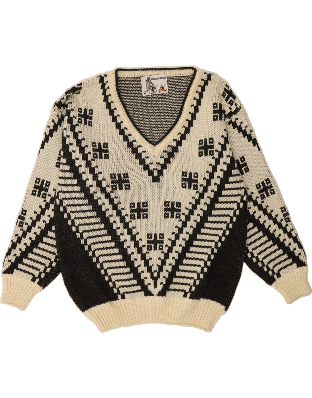 VINTAGE Mens V-Neck Jumper Sweater Medium Off White Geometric Wool Vintage Vintage and Second-Hand Vintage from Messina Hembry 
