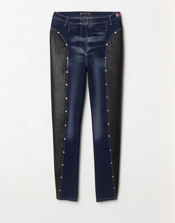 Jeans skinny feminino vintage pequeno W26 L31 azul marinho algodão colorblock