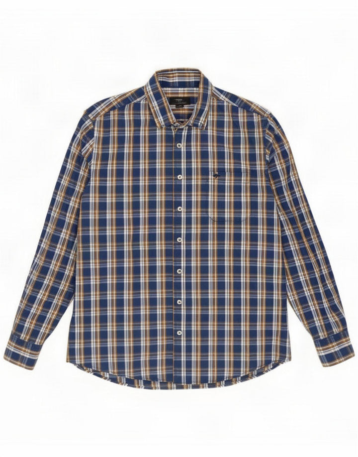 Fynch Hatton Camisa masculina de algodão xadrez azul médio