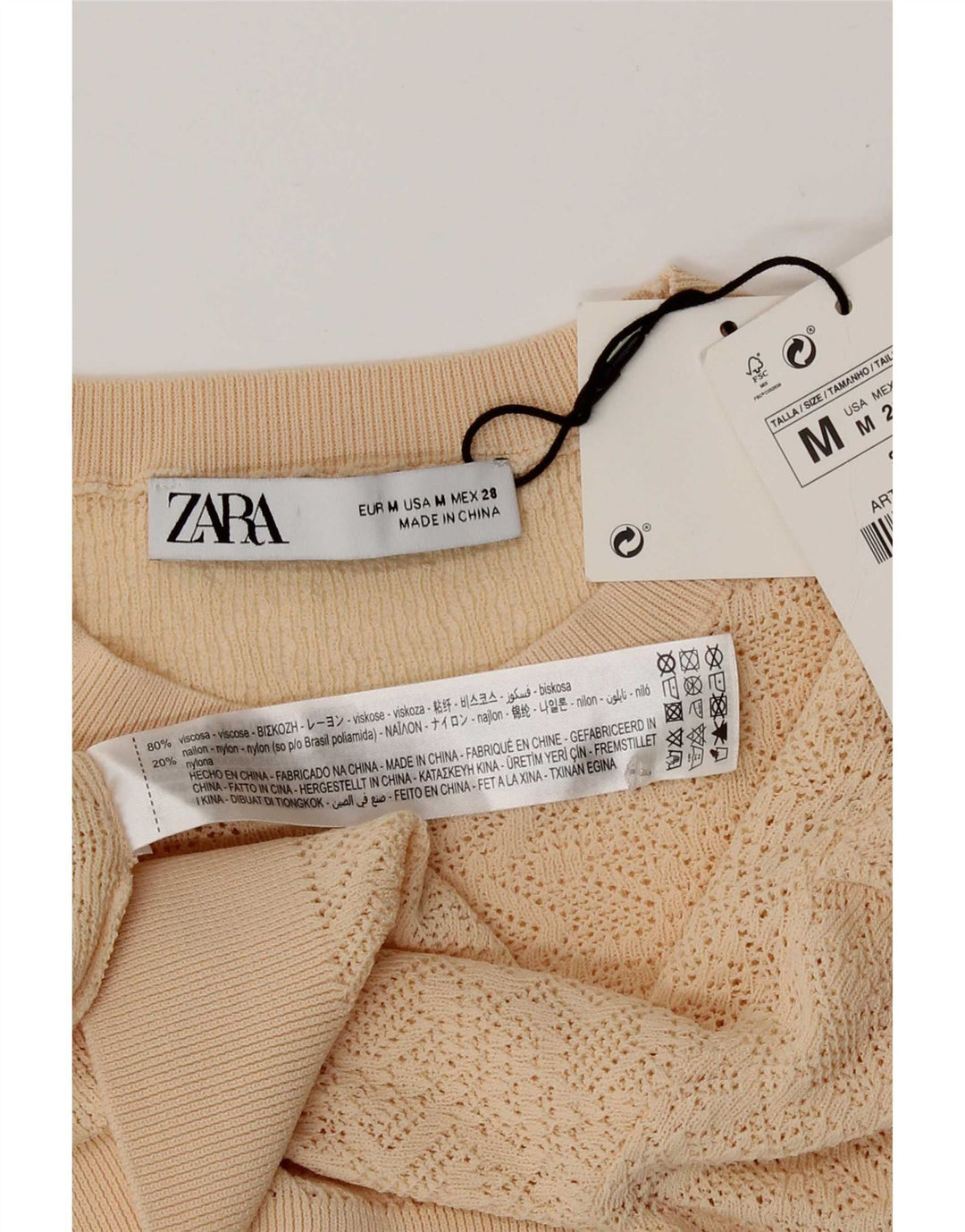 Top feminino Zara manga comprida UK 12 viscose bege médio