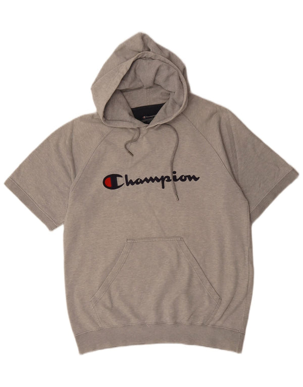 Jumper masculino com capuz gráfico de manga curta Champion algodão manchado cinza médio