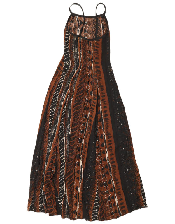 Vestido maxi feminino vintage sem mangas Reino Unido 12 viscose geométrica marrom médio